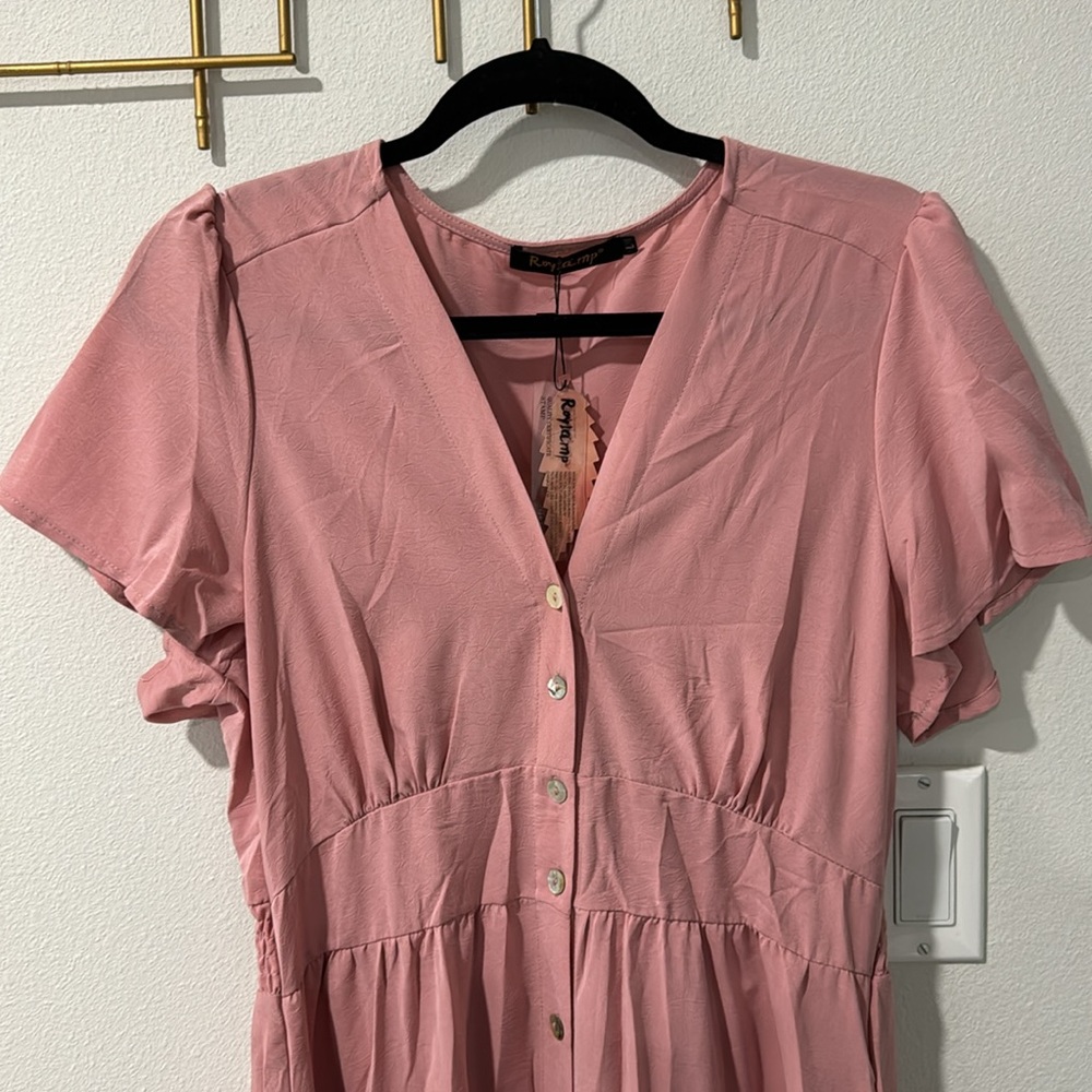 NWT Amazon ROYLAMP brand, size large, button down midi dress, pink v neck - Picture 5 of 6